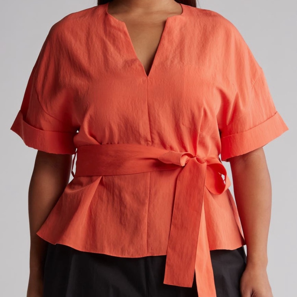 Vince Orange Tie Front Peplum Blouse with Cuffed Sleeves